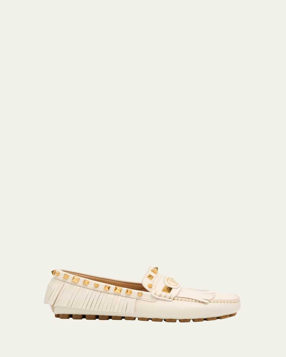 Rockstud Leather Fringe Driver Loafers